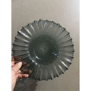 Vintage Smoky Gray Crackled Ribbon Handmade Glass Bowl 9.25” Retro MCM